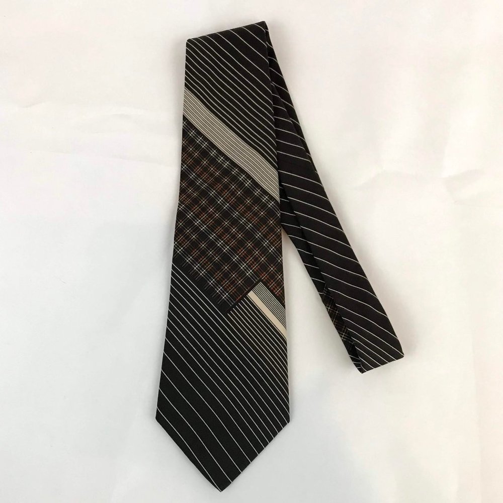 Beau Brummell 1970's Mod Brown Necktie, Thin White‎ Stripes Orange Tie, 4in wide